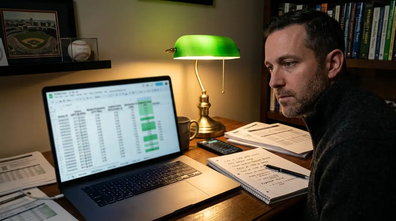 Professioneller Baseball-Wetter analysiert Einzelquoten statt Kombiwetten auf dem Laptop