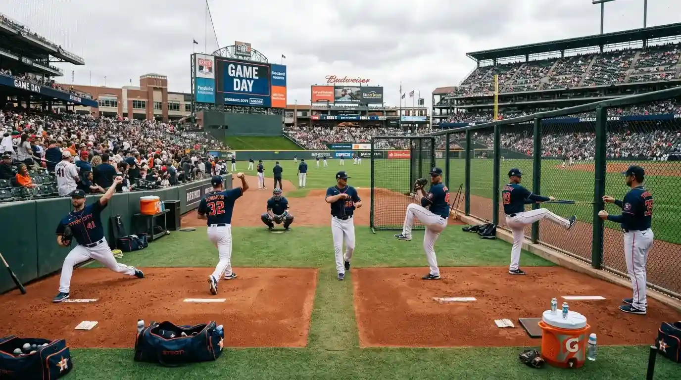 Modernes MLB-Bullpen mit mehreren Relief Pitchern beim Aufwärmen im Stadion