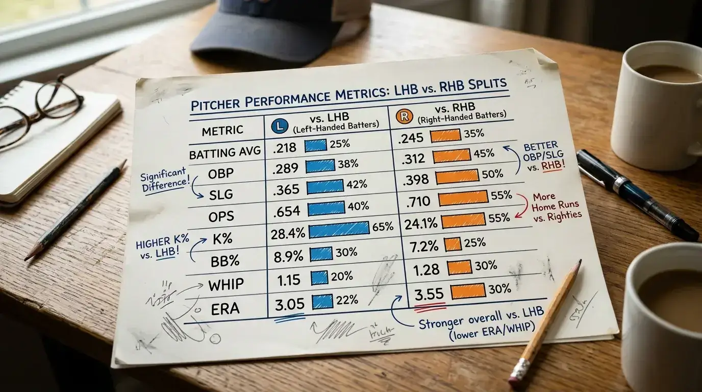 Platoon-Split-Vergleich eines Relief Pitchers gegen Links- und Rechtshänder in einer Statistiktabelle