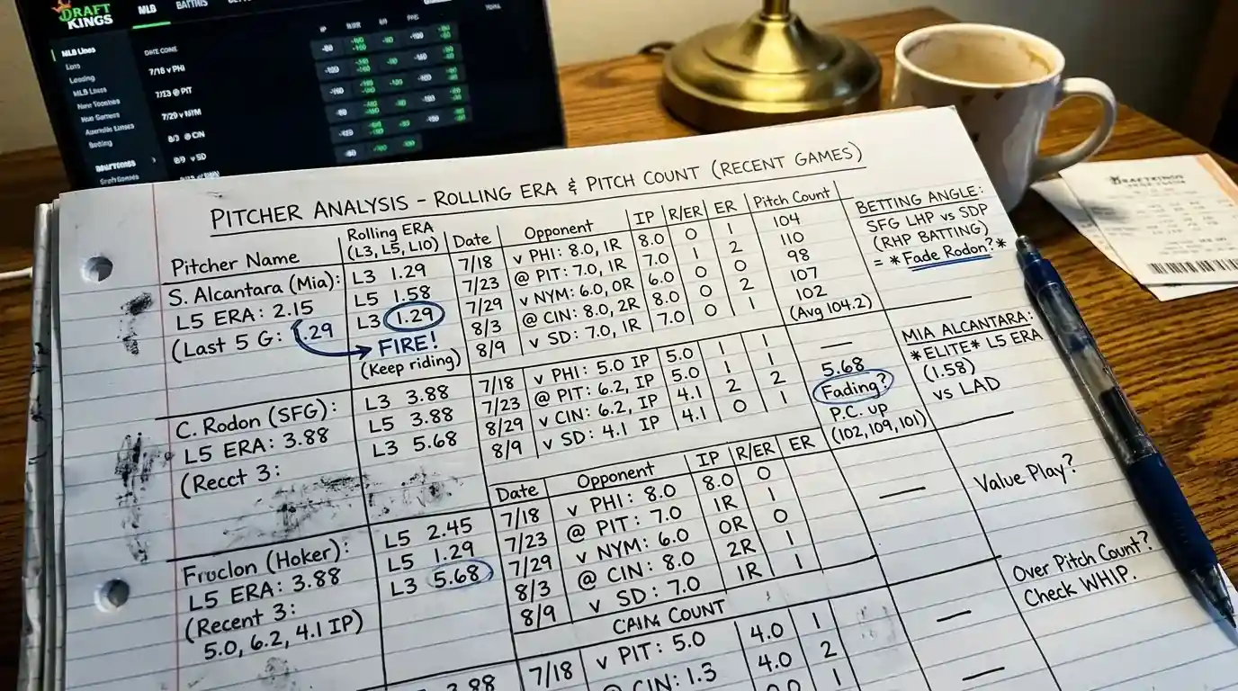 Tabelle mit Rolling-ERA und Pitch-Workload von Bullpen-Pitchern der letzten 72 Stunden