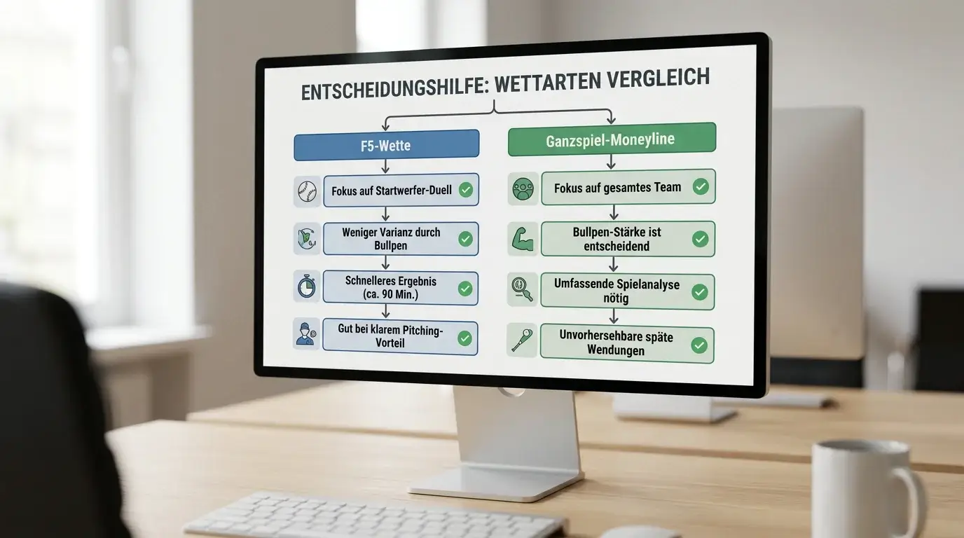 Entscheidungsmatrix fuer den situativen Einsatz von F5-Wetten versus Ganzspiel-Moneyline beim Baseball