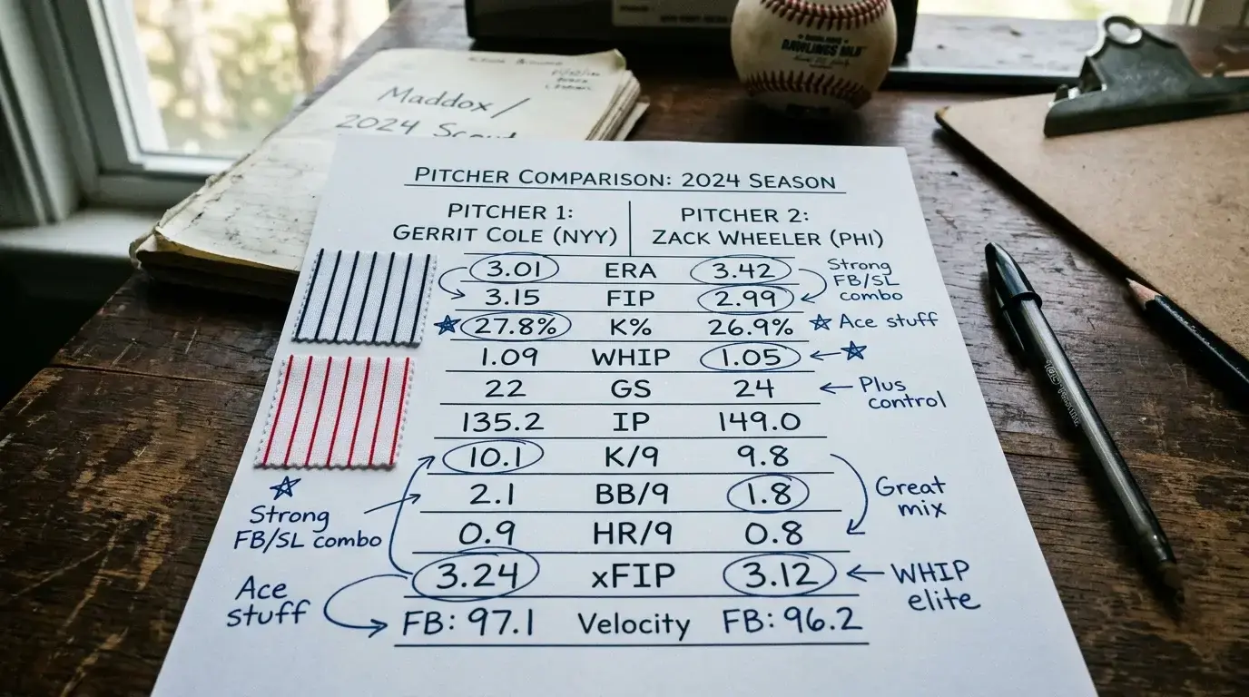 Statistikvergleich zweier Starting Pitcher vor einer F5-Wette mit ERA, FIP und Strikeout-Rate im Fokus