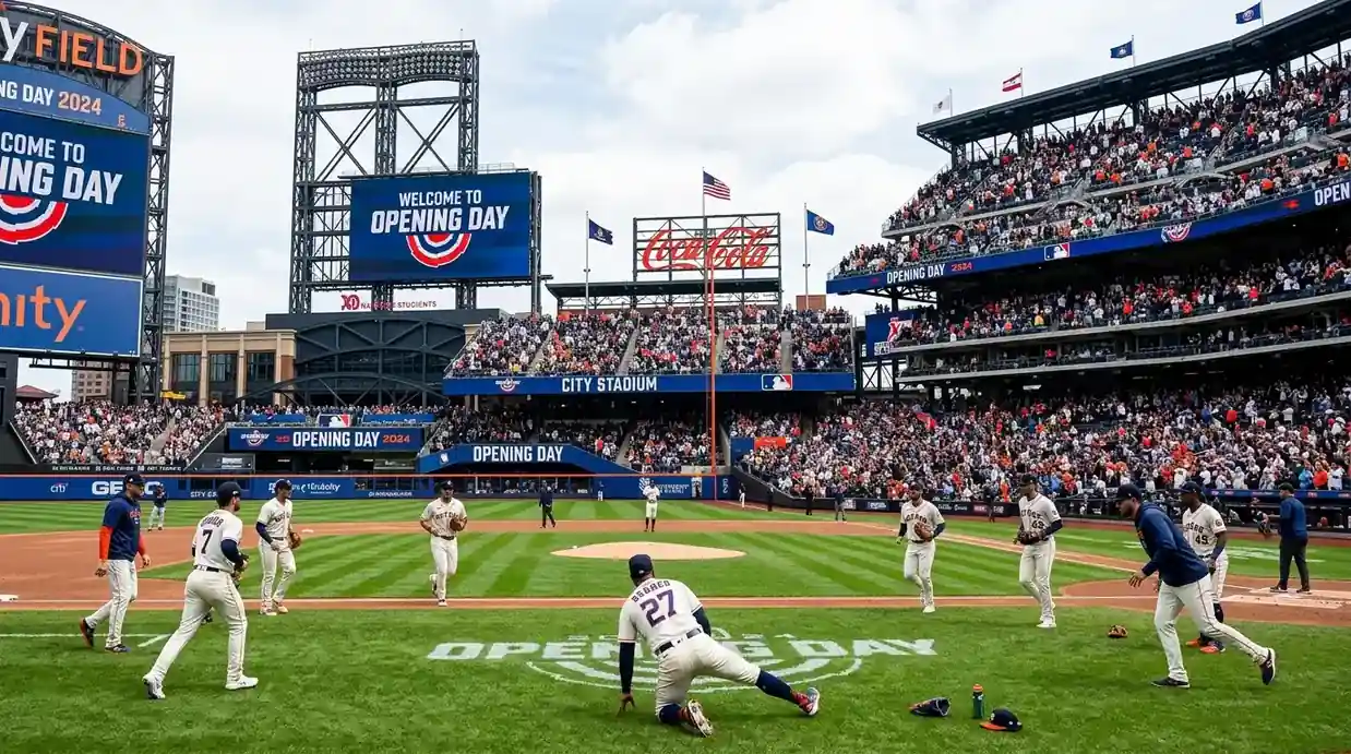 Opening Day der MLB Saison 2026 mit Spielern beim Warm-up und gefülltem Stadion am ersten Spieltag