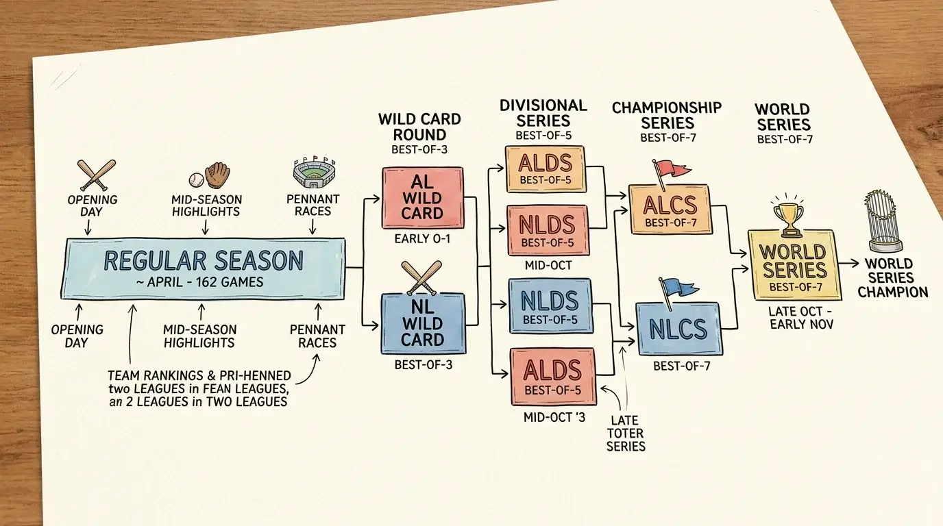 Übersicht der MLB Saison 2026 Struktur mit Regular Season, Wild Card, Divisional Series und World Series