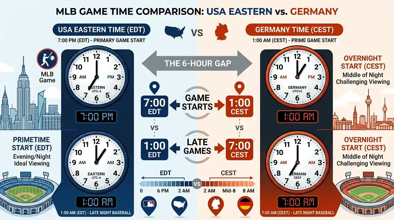 Zeitverschiebung zwischen Deutschland und den USA für MLB-Spiele — Uhrzeit-Vergleich für Live-Wetter