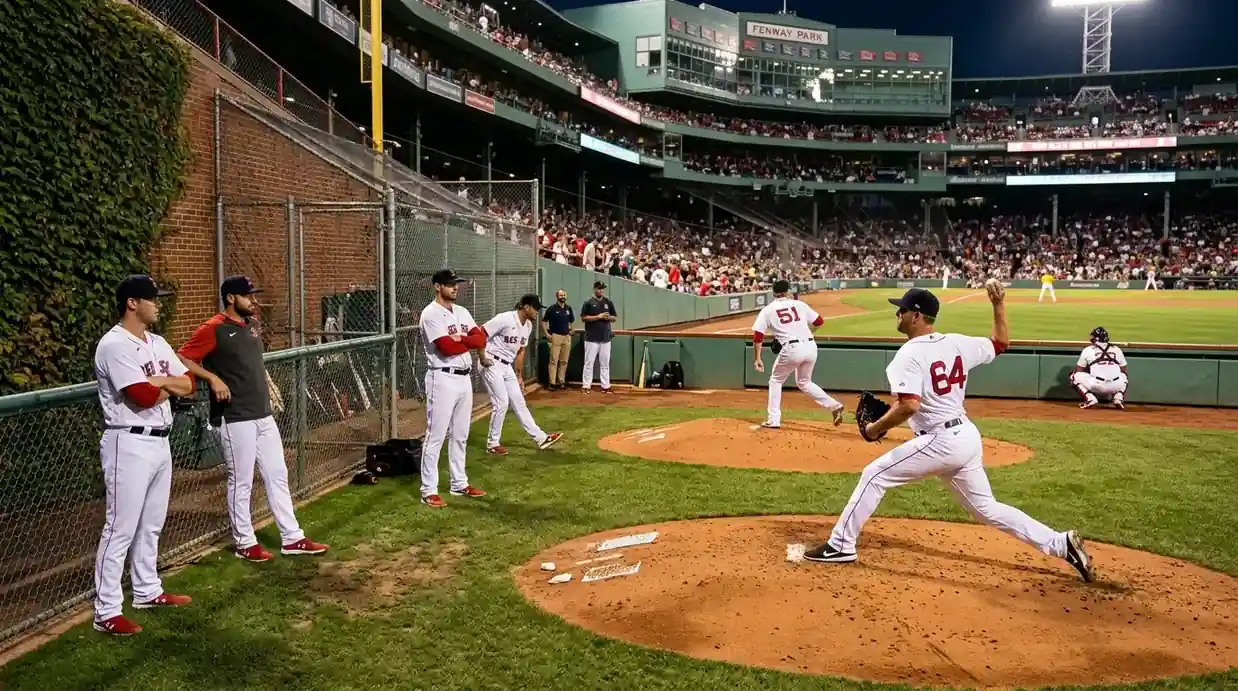 Relief-Pitcher beim Aufwärmen im Bullpen als Vorankündigung eines bevorstehenden Pitcher-Wechsels im MLB-Spiel