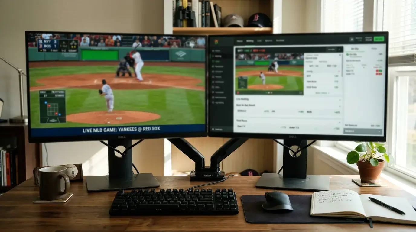 Duales Monitoring-Setup für Baseball Live-Wetter mit Pitch-Count-Tracker und GGL-Wettanbieter nebeneinander