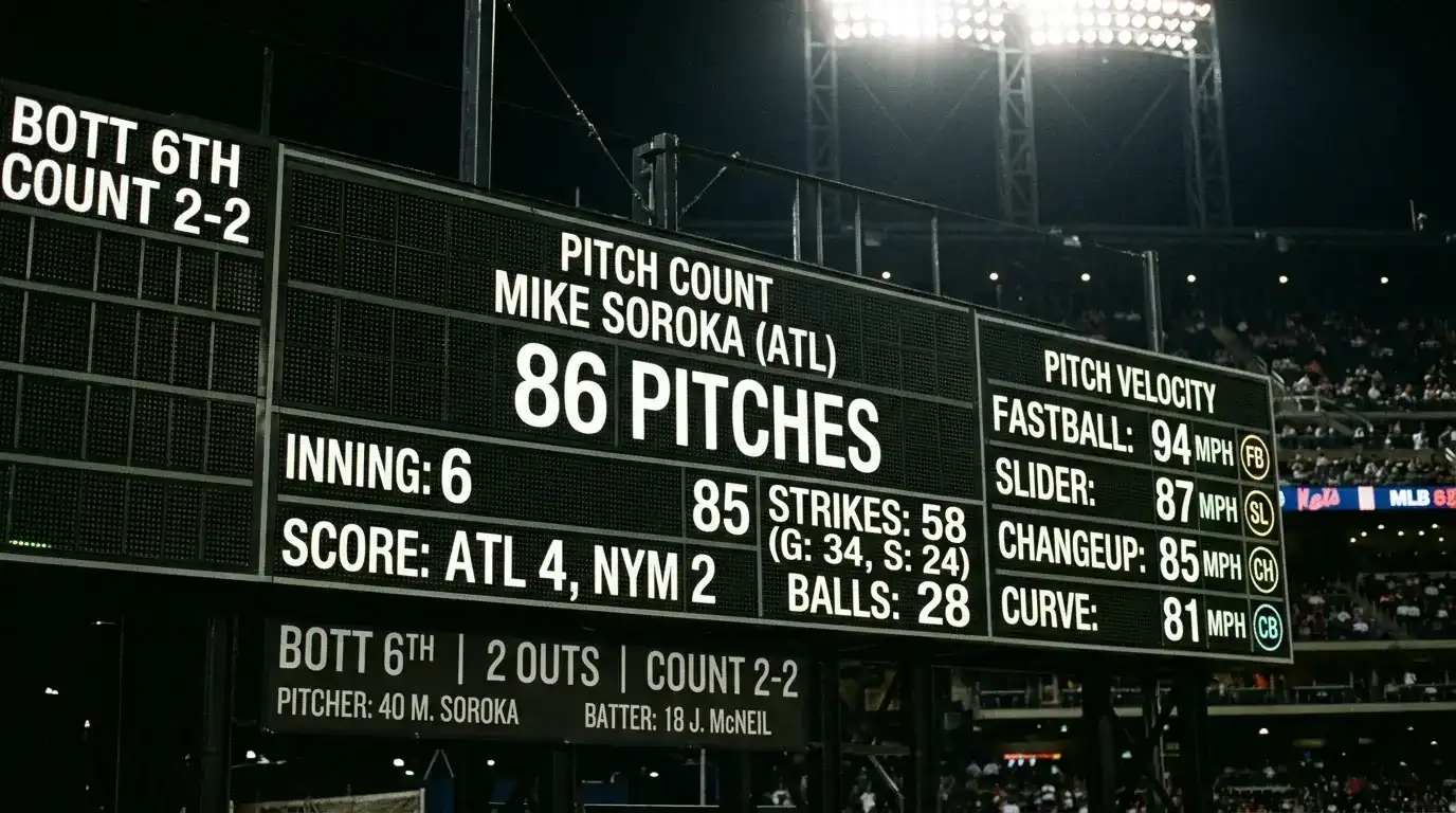 Pitch-Count-Anzeige eines MLB-Starters kurz vor Pitcher-Wechsel in der kritischen Schwelle ab 85 Würfen