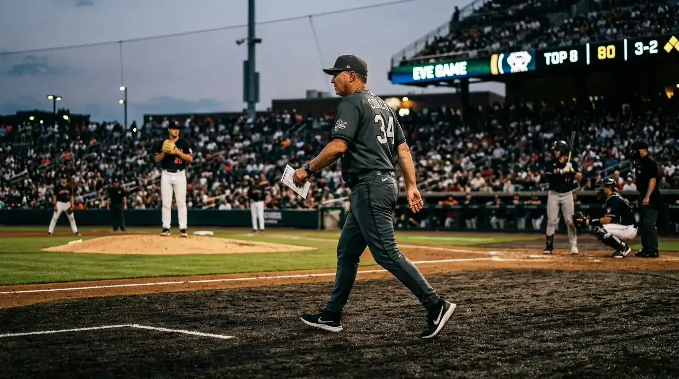 Manager betritt das Spielfeld in Richtung Pitching-Mound als klassisches Signal für einen unmittelbaren Pitcher-Wechsel