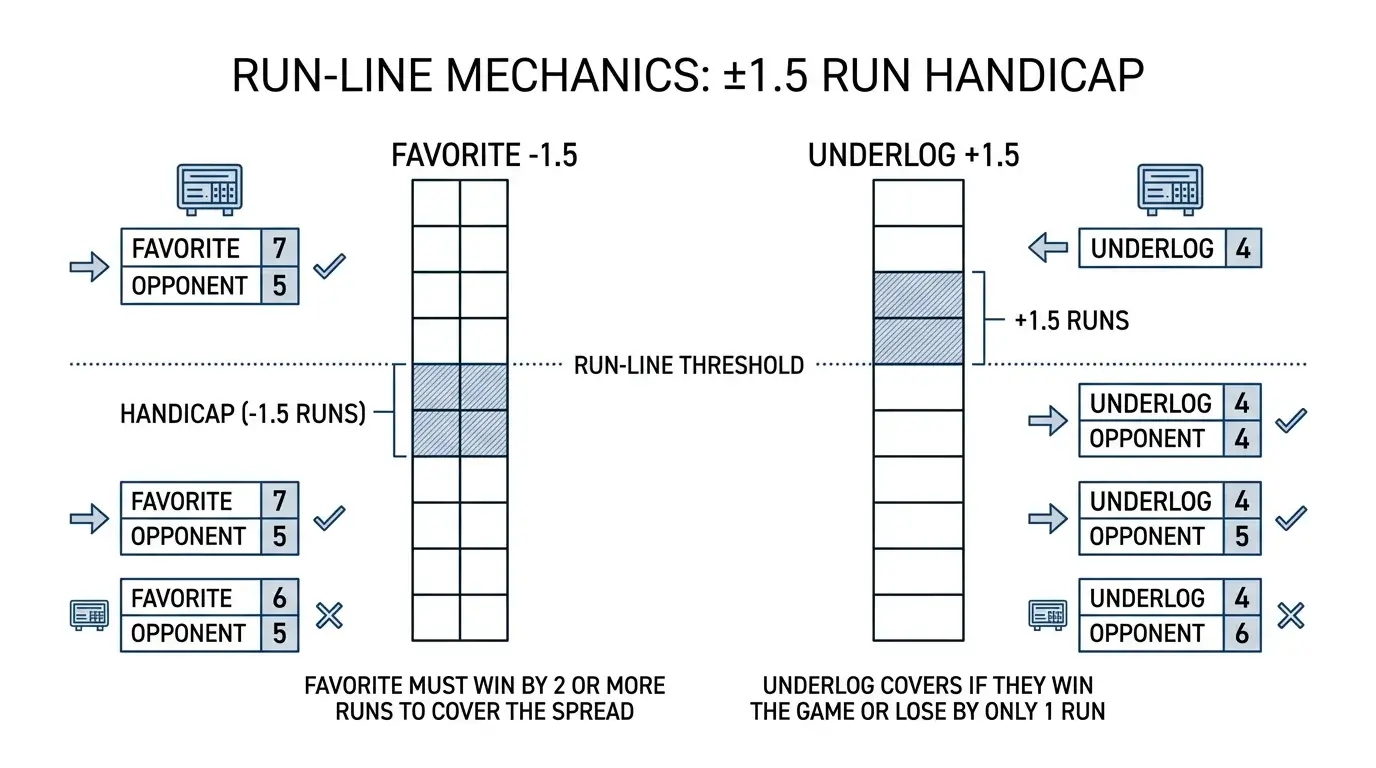 Schematische Darstellung der Run-Line-Mechanik mit Favorit minus 1,5 und Underdog plus 1,5 Runs beim Baseball