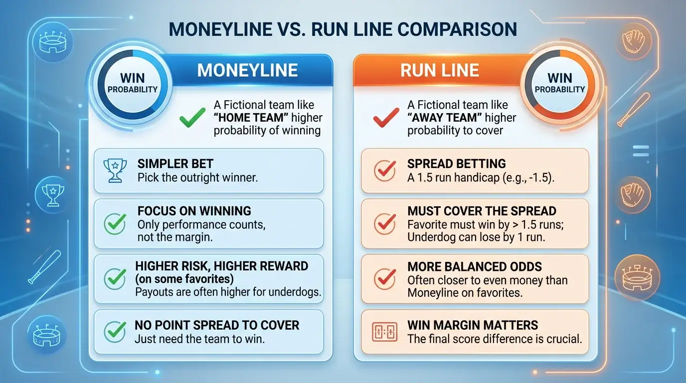 Quotenvergleich Moneyline versus Run Line fuer MLB-Favorit zeigt Chancen und Anforderungen der Baseball-Handicapwette