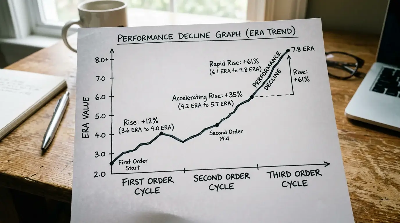 Grafik mit Leistungsabfall eines Starting Pitchers über drei Durchgänge durch die Batting Order